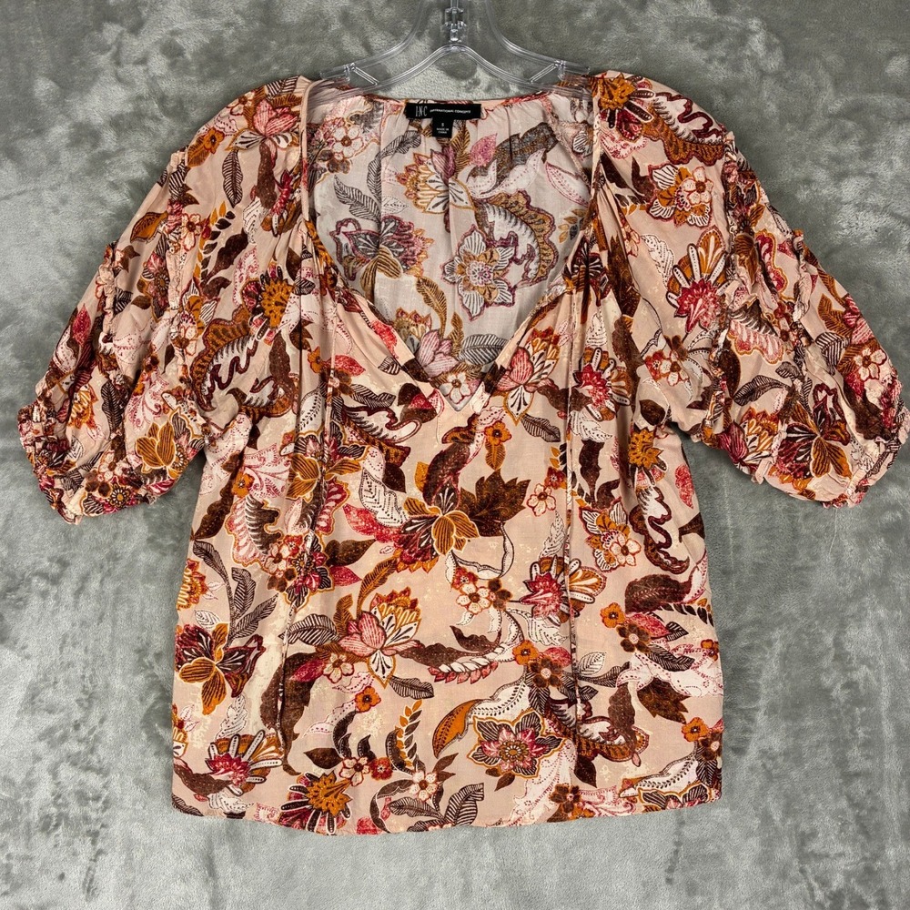INC International Concepts Womens Floral V-Neck Puff Sleeve Boho Blouse Sz S
